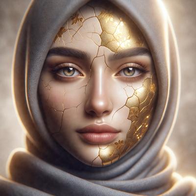 The primary subject of the image is a woman with a gold and brown face, wearing a gray and gold scarf. The setting is a close-up of her face, and the visual style appears to be a digital art or illustration. The colors and mood of the image are warm and rich, with the gold and brown tones creating a sense of luxury and elegance.